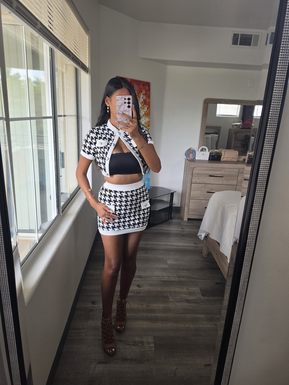Houndstooth Knit Mini Skirt Set – Black & White